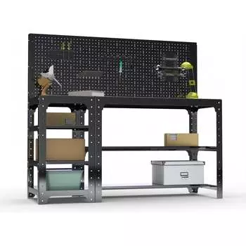 Стол металлический ООО Металекс серия KIT 750х1600х600 мм, с боковыми полками, перфопанелью и комплектом освещения, серый 201576