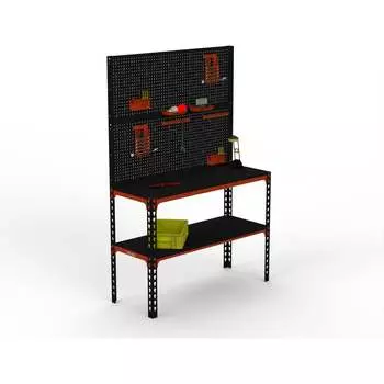 Стол-верстак ООО Металекс 950x1000x500 мм, одна полка + двойная перфопанель с комплектом аксессуаров оранжево-чёрный 111118