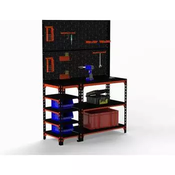 Стол-верстак ООО Металекс 950x1300x500 с бок. полками, двумя перфопанелями и комп. аксессуаров оранжево-чёрный 111040