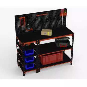 Стол-верстак ООО Металекс 950x1500x600 с бок. полками, перфопанелью и комп. аксессуаров оранжево-чёрный 111024