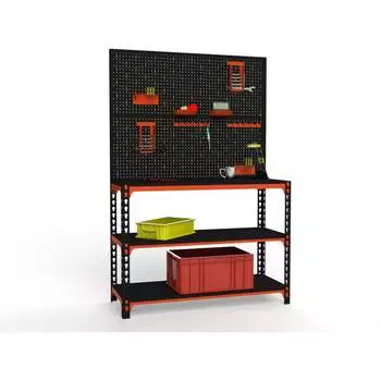 Стол-верстак ООО Металекс 950x1600x500 мм, две полки + двойная перфопанель с комплектом аксессуаров оранжево-чёрный 111151