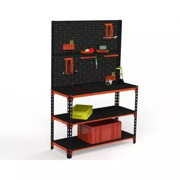 Стол-верстак ООО Металекс 950x1600x600 мм, две полки, двойная перфопанель с комплектом аксессуаров, оранжево-чёрный 111160