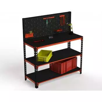 Стол-верстак ООО Металекс 950x1800x400 мм, две полки + перфопанель с комплектом аксессуаров оранжево-чёрный 111090
