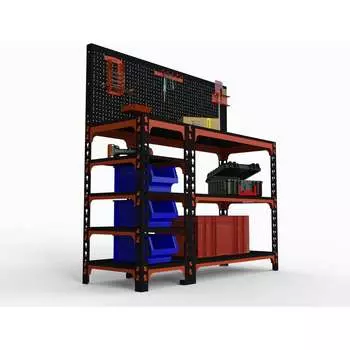 Стол-верстак ООО Металекс 950x1800x600 с бок. полками, перфопанелью и комп. аксессуаров оранжево-чёрный 111027