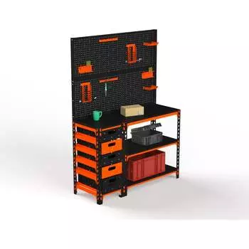 Стол-верстак ООО Металекс c одной тумбой, 950x1600x500 мм + двойная перфопанель с комплектом аксессуаров оранжево-чёрный 111194