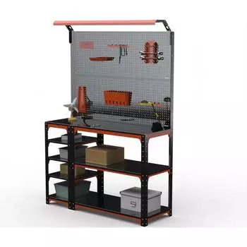 Стол-верстак ООО Металекс KIT 950х1000х400 (с бок. полками, 2-мя панелями и комп. освещения) (оранжево-чёрный) 204772