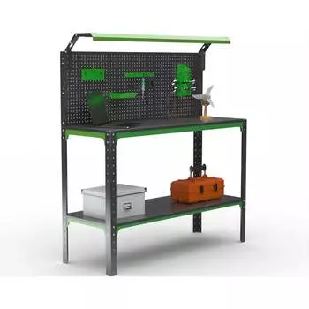 Стол-верстак ООО Металекс KIT 950х1000х500, одна полка + перфопанель с комплектом освещения, серо-зеленый 204448