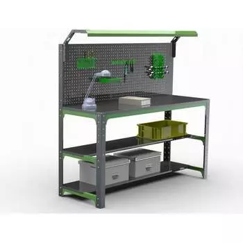 Стол-верстак ООО Металекс KIT 950х1100х400 (2-е полки, + перфопанель с комплектом освещения) (серо-зеленый) 204386