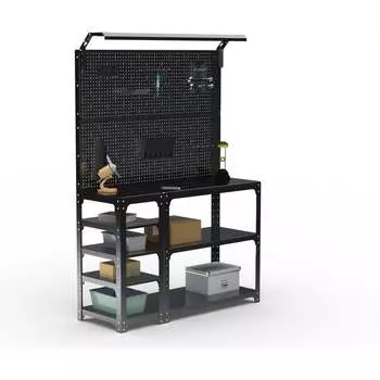 Стол-верстак ООО Металекс KIT 950х1100х400 мм, с боковыми полками, 2-мя панелями и комплектом освещения, черный 205703