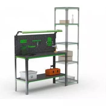 Стол-верстак ООО Металекс KIT 950х1300х500, одна полка + перфопанель с комплектом освещения, серо-зеленый 204451