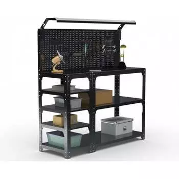 Стол-верстак ООО Металекс KIT 950х1400х600 мм, с боковыми полками, перфопанелью и комплетом освещения, черный 205697