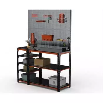 Стол-верстак ООО Металекс KIT 950х1500х400 (с бок. полками, двумя перфопанелями и комп. аксессуаров) (оранжево-чёрный) 204579