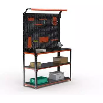 Стол-верстак ООО Металекс KIT 950х1500х500 (2-е полки, двойная перфопанель с комплектом освещения) (оранжево-чёрный) 204837