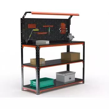 Стол-верстак ООО Металекс KIT 950х1500х500 (2-е полки, + перфопанель с комплектом освещения) (оранжево-чёрный) 204864