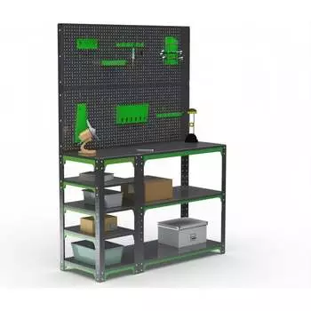 Стол-верстак ООО Металекс KIT 950х1500х500 с боковыми полками, перфопанелью и комплектом освещения, серо-зеленый 204294