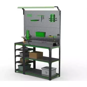 Стол-верстак ООО Металекс KIT 950х1500х500 (с бок. полками, 2-мя панелями и комп. освещения) (серо-зеленый) 204321