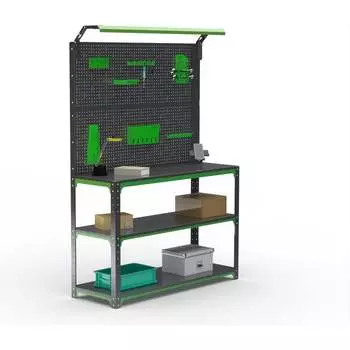 Стол-верстак ООО Металекс KIT 950х1600х500 (2-е полки, двойная перфопанель с комплектом освещения) (серо-зеленый) 204373