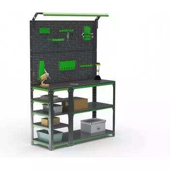 Стол-верстак ООО Металекс KIT 950х1600х600 (с бок. полками, 2-мя панелями и комп. освещения) (серо-зеленый) 204331