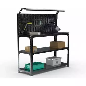 Стол-верстак ООО Металекс KIT 950х1800х400 мм, 2-е полки, + перфопанель с комплектом освещения, черный 205788