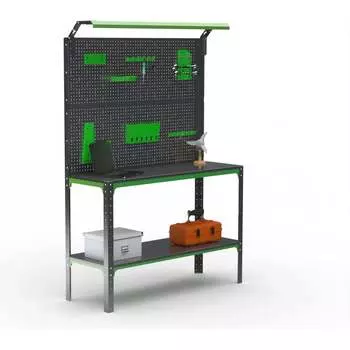 Стол-верстак ООО Металекс KIT 950х1800х500 мм, одна полка + двойная перфопанель с комплектом освещения, серо-зеленый 204429