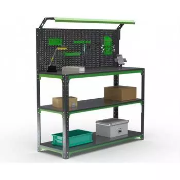 Стол-верстак ООО Металекс KIT 950х1800х600 (2-е полки, + перфопанель с комплектом освещения) (серо-зеленый) 204411