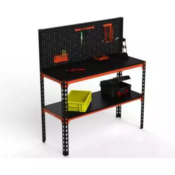 Стол-верстак ООО Металекс с перфопанелью и комплектом аксессуаров 950x1600x400 мм, одна полка, оранжево-чёрный 111061