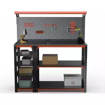 Стол-верстак ООО Металекс серия KIT 950х1000х400, с боковыми полками, перфопанелью и комплектом освещения, оранжево-черный 204745