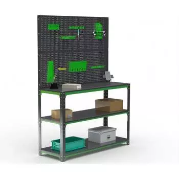 Стол-верстак ООО Металекс серия KIT 950х1100х600 мм, две полки + двойная перфопанель с комплектом аксессуаров, серо-зеленый 204236
