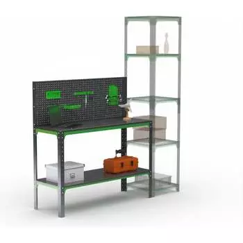 Стол-верстак ООО Металекс серия KIT 950х1200х400, одна полка + перфопанель с комплектом аксессуаров, серо-зеленый 204138