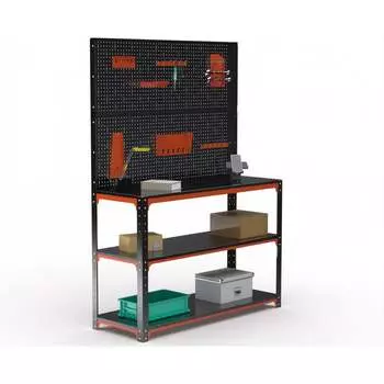 Стол-верстак ООО Металекс серия KIT 950х1200х600 мм, две полки + двойная перфопанель с комплектом аксессуаров, оранжево-чёрный 204702