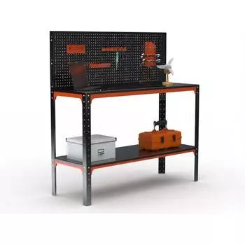 Стол-верстак ООО Металекс серия KIT 950х1200х600 мм, одна полка + перфопанель с комплектом аксессуаров, оранжево-чёрный 204621