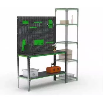 Стол-верстак ООО Металекс серия KIT 950х1200х600, одна полка + двойная перфопанель с комплектом аксессуаров, серо-зеленый 204210