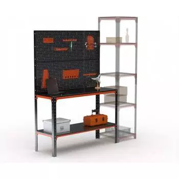 Стол-верстак ООО Металекс серия KIT 950х1300х400, одна полка, двойная перфопанель с комплектом аксессуаров, оранжево-черный 204658
