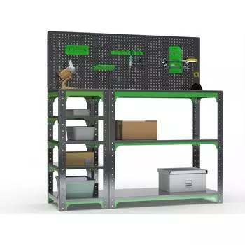 Стол-верстак ООО Металекс серия KIT 950х1400х500 с боковыми полками, перфопанелью и комплектом аксессуаров, серо-зеленый 204095