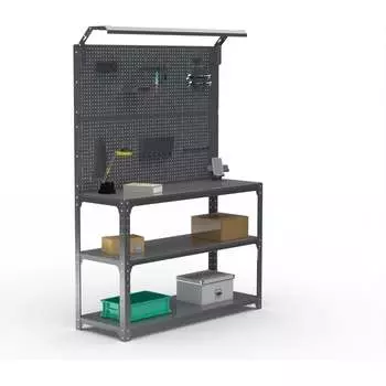 Стол-верстак ООО Металекс серия KIT 950х1400х600 мм, 2-е полки, двойная перфопанель с комплектом освещения, серый 205310