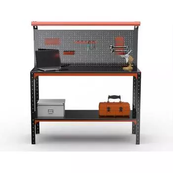 Стол-верстак ООО Металекс серия KIT 950х1500х600, одна полка, перфопанель с комплектом освещения, оранжево-чёрный 204927