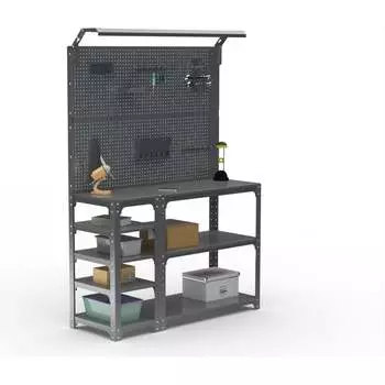 Стол-верстак ООО Металекс серия KIT 950х1600х600 мм, с боковыми полками, 2-мя панелями и комплектом освещения, серый 205261