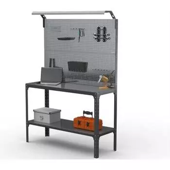 Стол-верстак ООО Металекс серия KIT 950х1700х400 мм, одна полка + двойная перфопанель с комплектом освещения, серый 205349