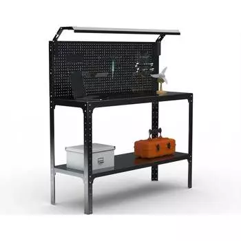 Стол-верстак ООО Металекс серия KIT 950х1700х500 (одна полка + перфопанель с комплектом освещения) (черный) 205850