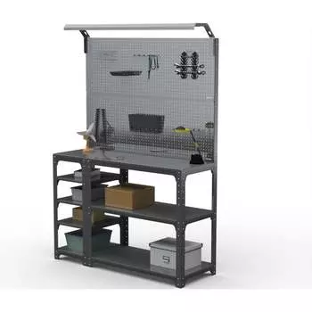 Стол-верстак ООО Металекс серия KIT 950х1700х500 мм, с боковыми полками, 2-мя панелями и комплектом освещения, серый 205253