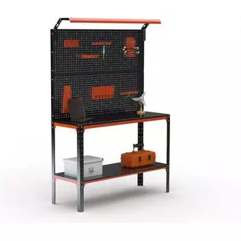 Стол-верстак ООО Металекс серия KIT 950х1700х600 мм, одна полка + двойная перфопанель с комплектом освещения, оранжево-чёрный 204902