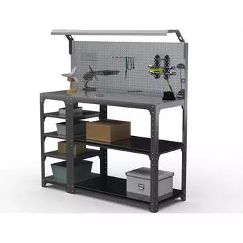 Стол-верстак ООО Металекс серия KIT 950х1700х600 мм, с боковыми полками, перфопанелью и комплектом освещения, серый 205235