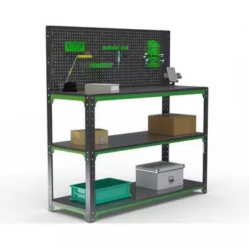 Стол-верстак ООО Металекс серия KIT 950х1800х600 мм, две полки + перфопанель с комплектом аксессуаров, серо-зеленый 204189