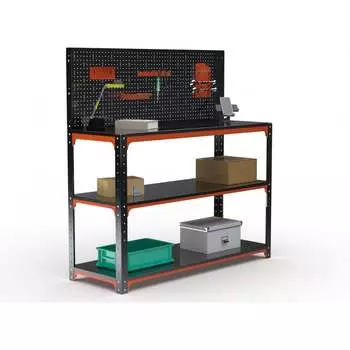 Стол-верстак ООО Металекс серия KIT 950х1800х600 мм, две полки + перфопанель с комплектом аксессуаров, оранжево-чёрный 204654
