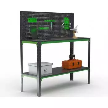 Стол-верстак ООО Металекс серия KIT 950х1800х600 мм, одна полка + перфопанель с комплектом аксессуаров, серо-зеленый 204162