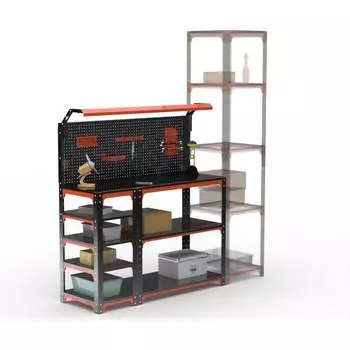 Стол-верстак ООО Металекс серия KIT 950х1800х600, с боковыми полками, перфопанелью и комплектом освещения, оранжево-черный 204771