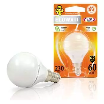 Светодиодная лампа ECOWATT P45, 230 В, аналог 60 Вт, 2700K E14 4606400419259