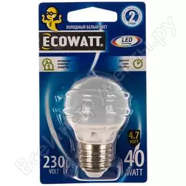 Светодиодная лампа ecowatt p45 230в 4.7w 4000k e27 холодный белый свет, шарик 4606400613985
