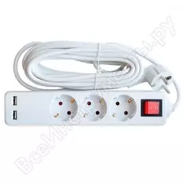 Удлинитель in home 3gsu-5-smart 3-х местный c выключателем 2-х usb 10а с заземлением 5м 8535 4690612010434