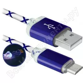 Usb кабель defender usb08-03lt, usb2.0, led, am-microbm, 1м, голубой 87555